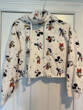 Disney White Cropped Hoodie with Mickey & Friends Print